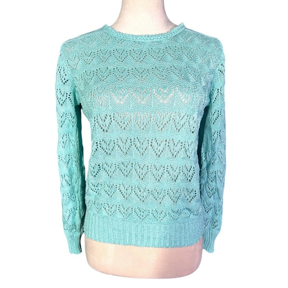 Vintage Cuddle Knit Aqua Delicate Lace Knit Sweater Pullover Grannycore